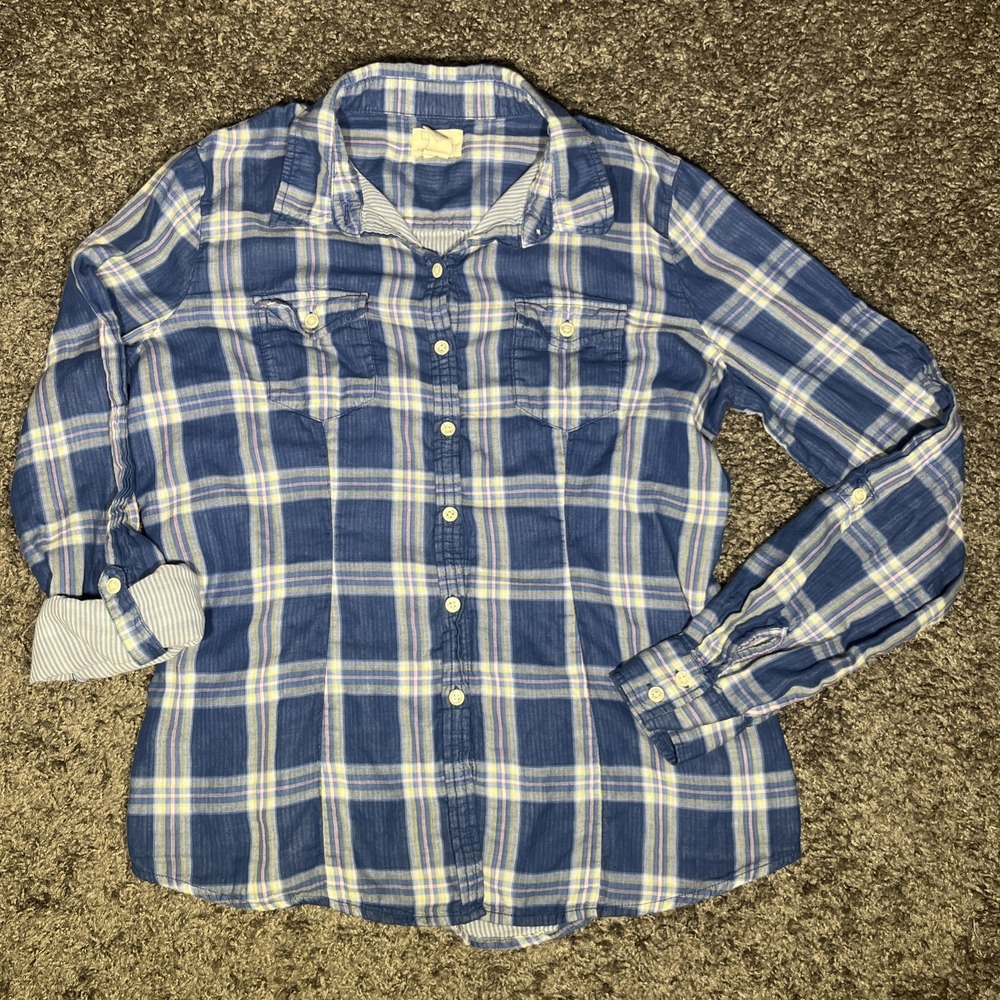 Women's Levi's Roll Tab‎ Button Up Blue Plaid Shirt Extra Large Western Country